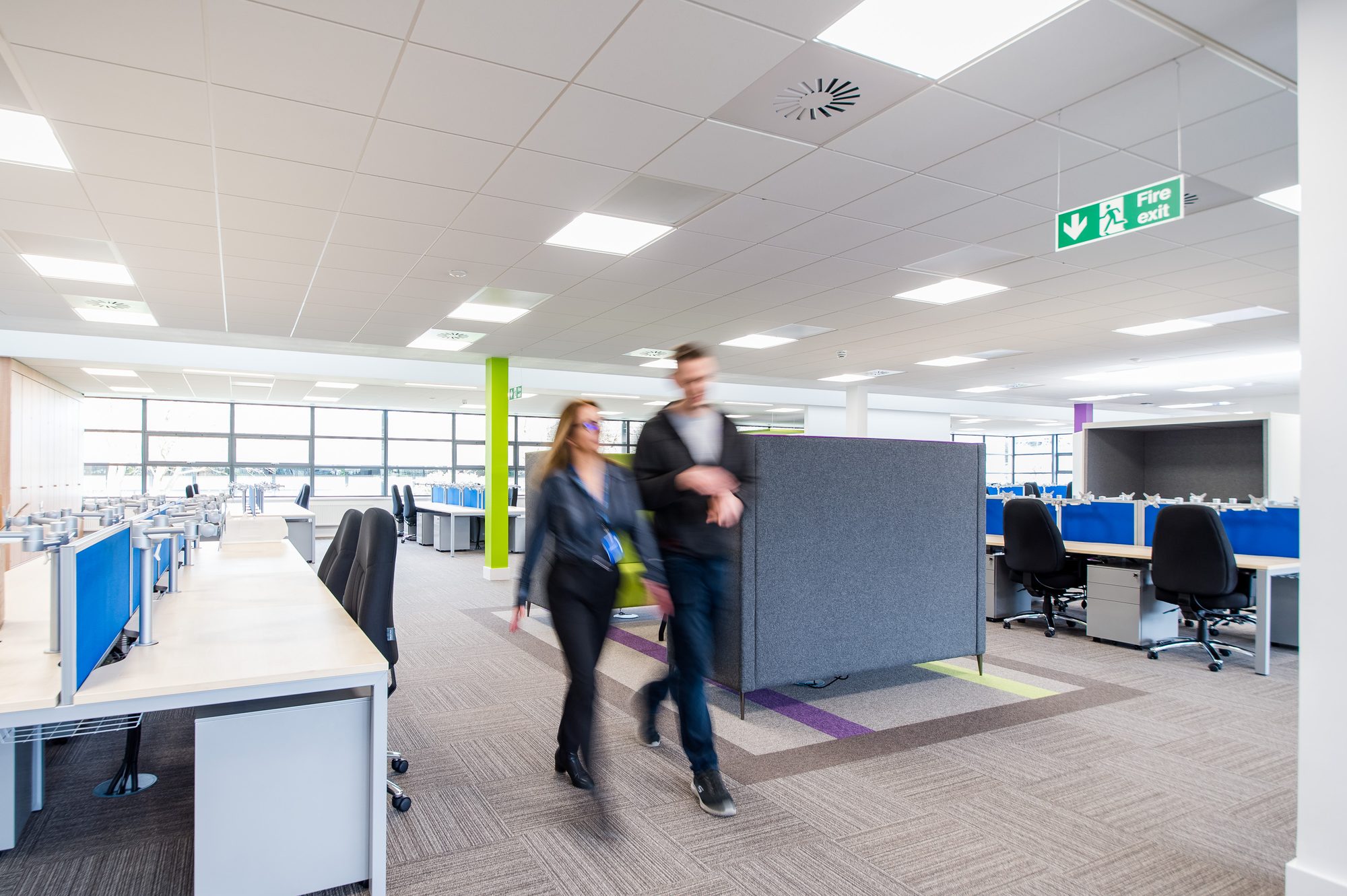 Two acoustic pods sitting between desk runs at the centre of the floor