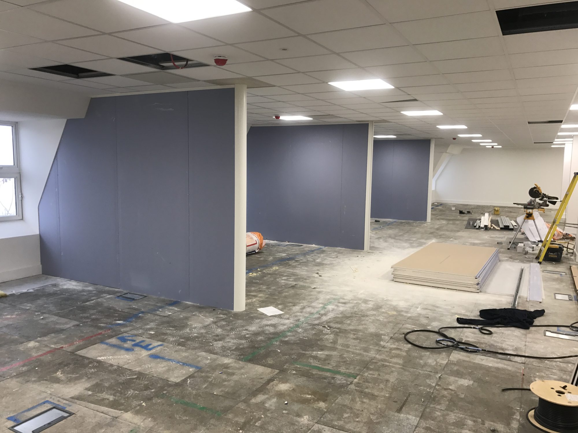 New stud partitions taking shape, plasterboard going on