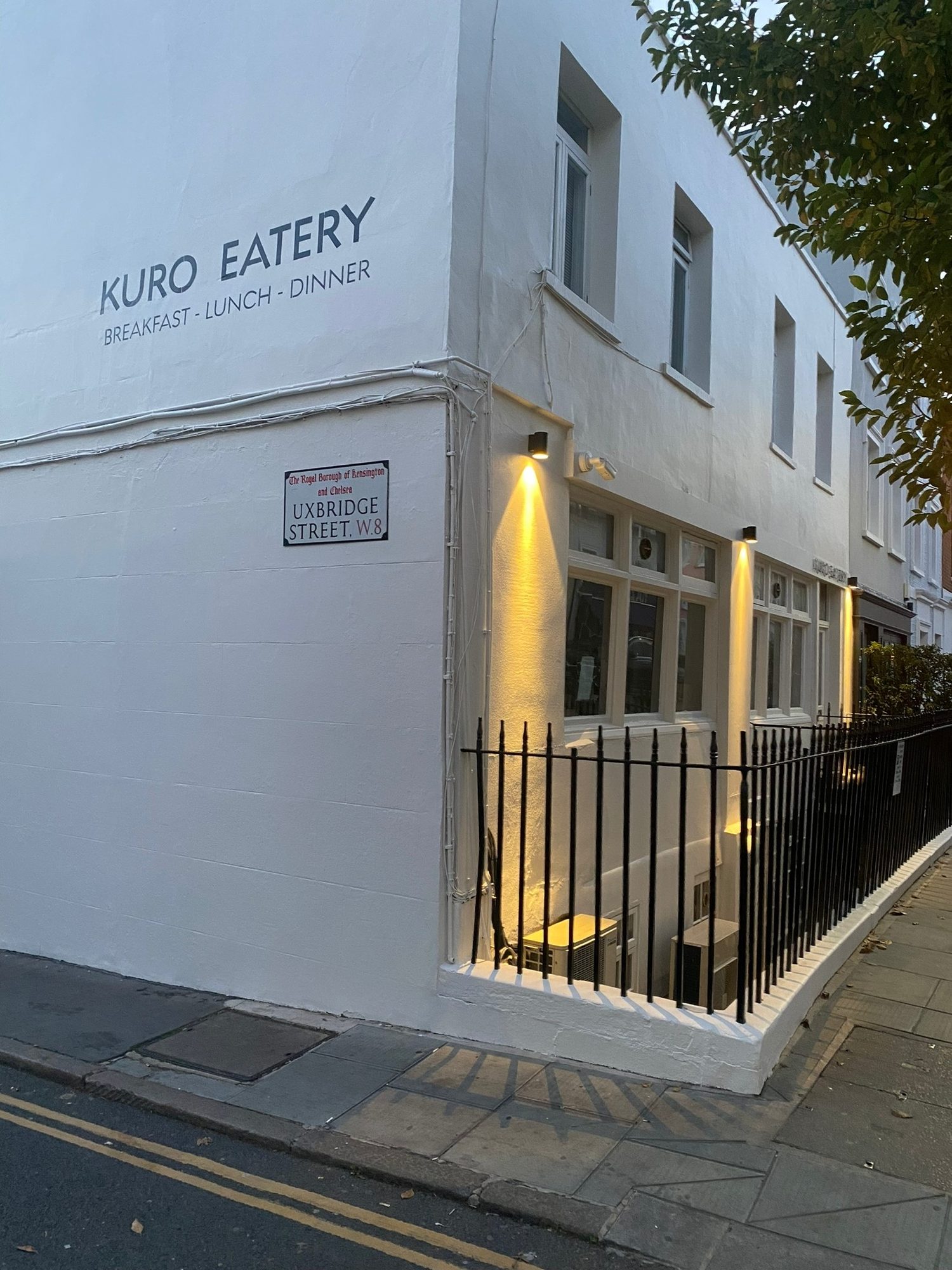 Kuro Eatery exterior on the corner of Uxbridge Street, W8