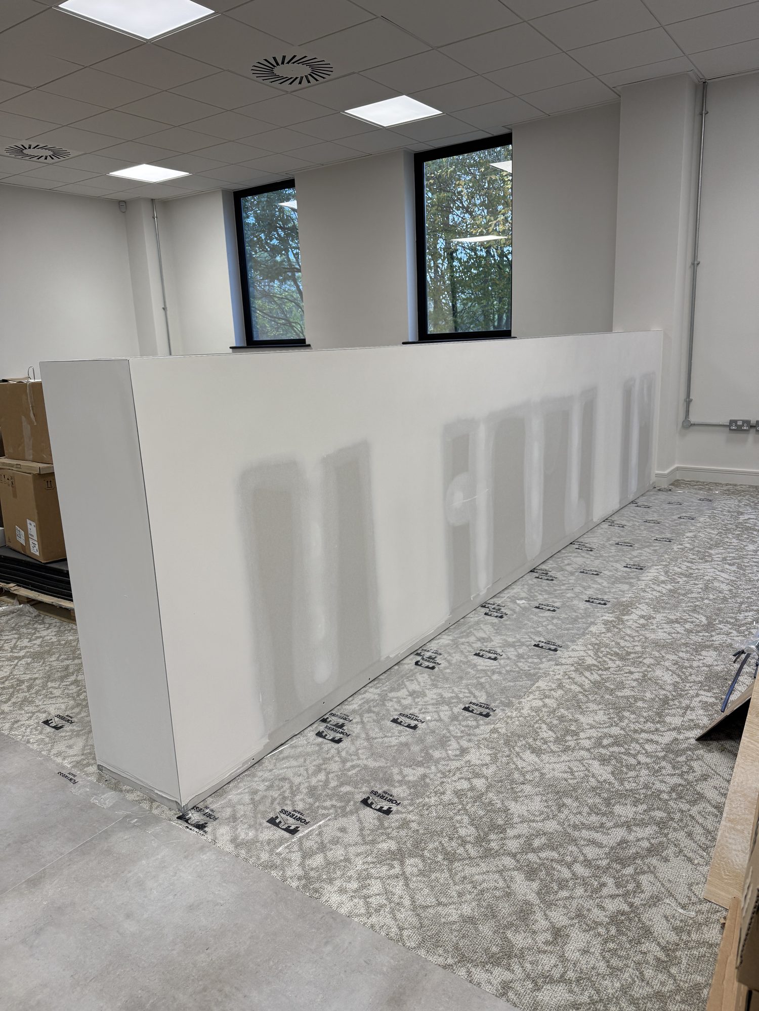 Decorated walls and carpet underlay laid, ready for furniture install